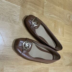 Michael Kors Brown Leather Ballet Flats with Gold Logo Medallion